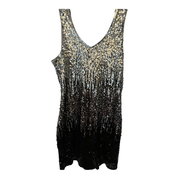 Silver and Black Sequin V-Neck Cocktail Mini Dress - Picture 3 of 5